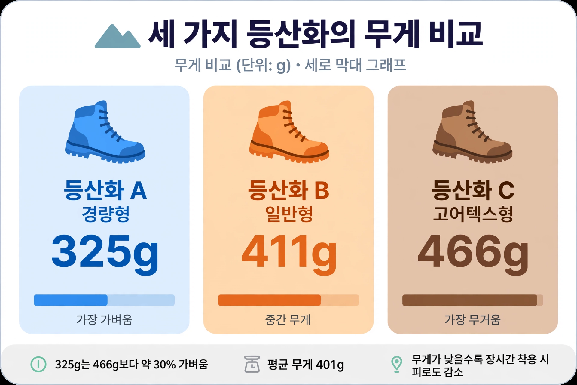 세 가지 등산화의 무게 비교 인포그래픽