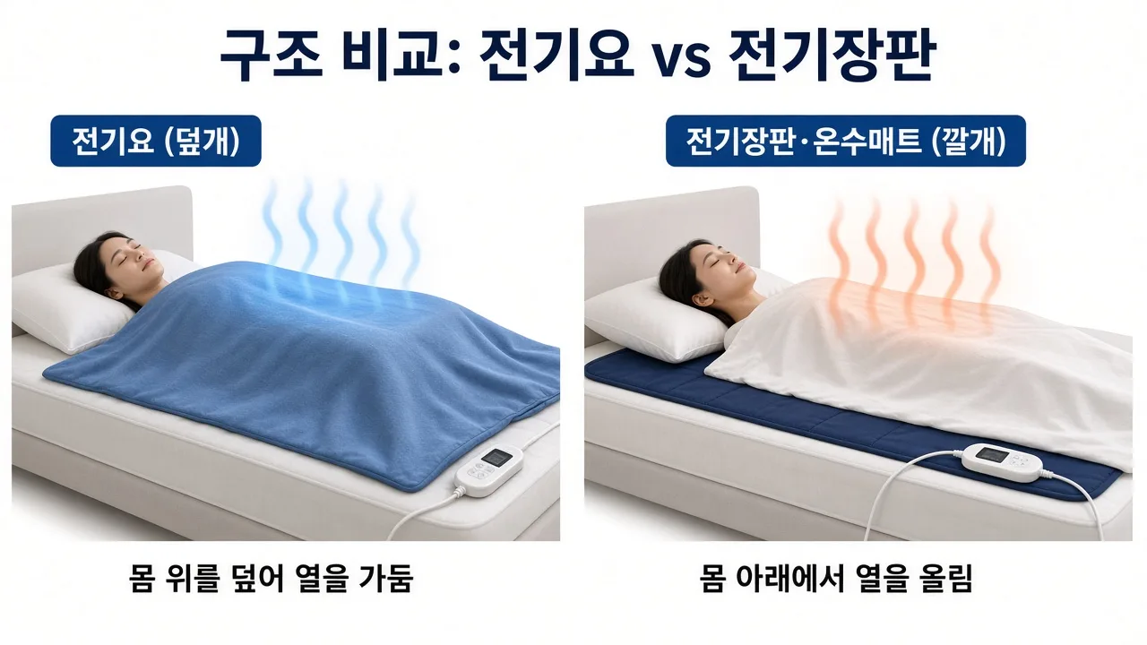 침실 국소난방에서 전기요는 몸 위 덮개, 전기장판·온수매트는 몸 아래 깔개로 열이 닿는 위치가 다릅니다.
