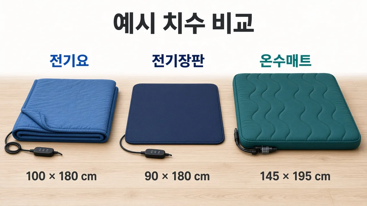 예시 치수 비교: 전기요 100×180cm, 전기장판 90×180cm, 온수매트 145×195cm.
