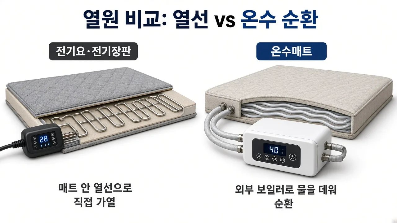 전기요·장판은 매트 안 열선, 온수매트는 외부 보일러와 호스로 물을 순환시킵니다.