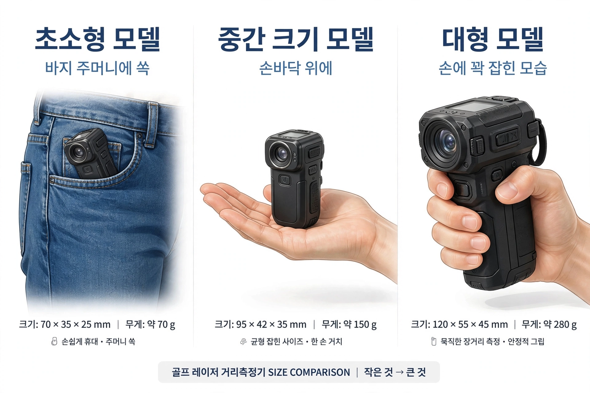 세 가지 거리측정기의 크기 비교 일러스트